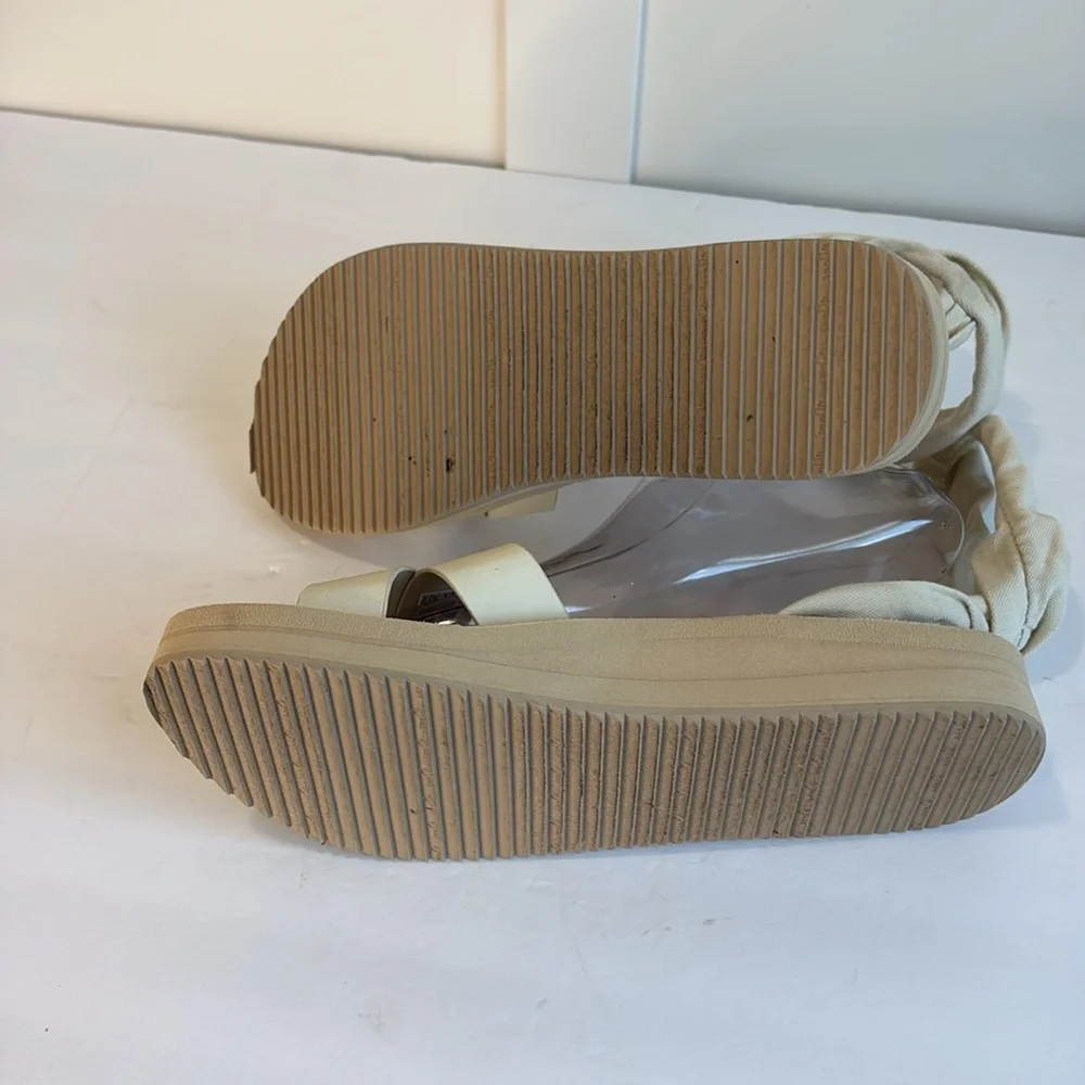 Sanuk Highland Sling Beige Leather and Fabric Platform Ankle Sandal